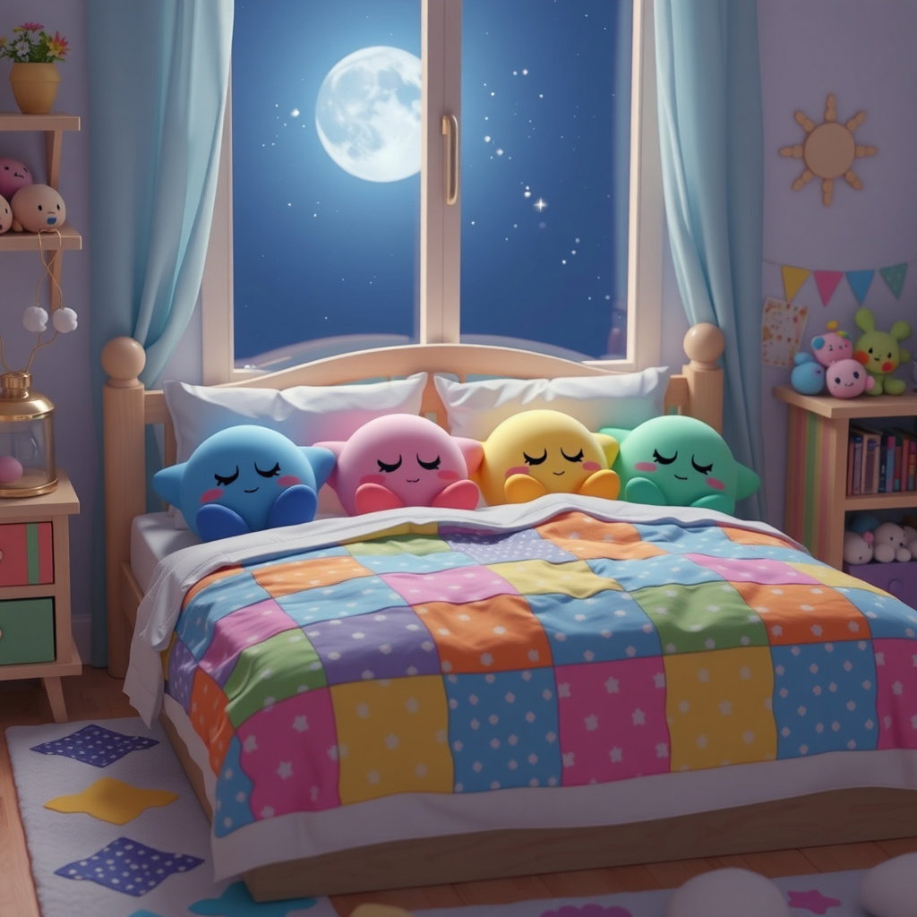 four sleeping kirby creatures under patchwork duvets