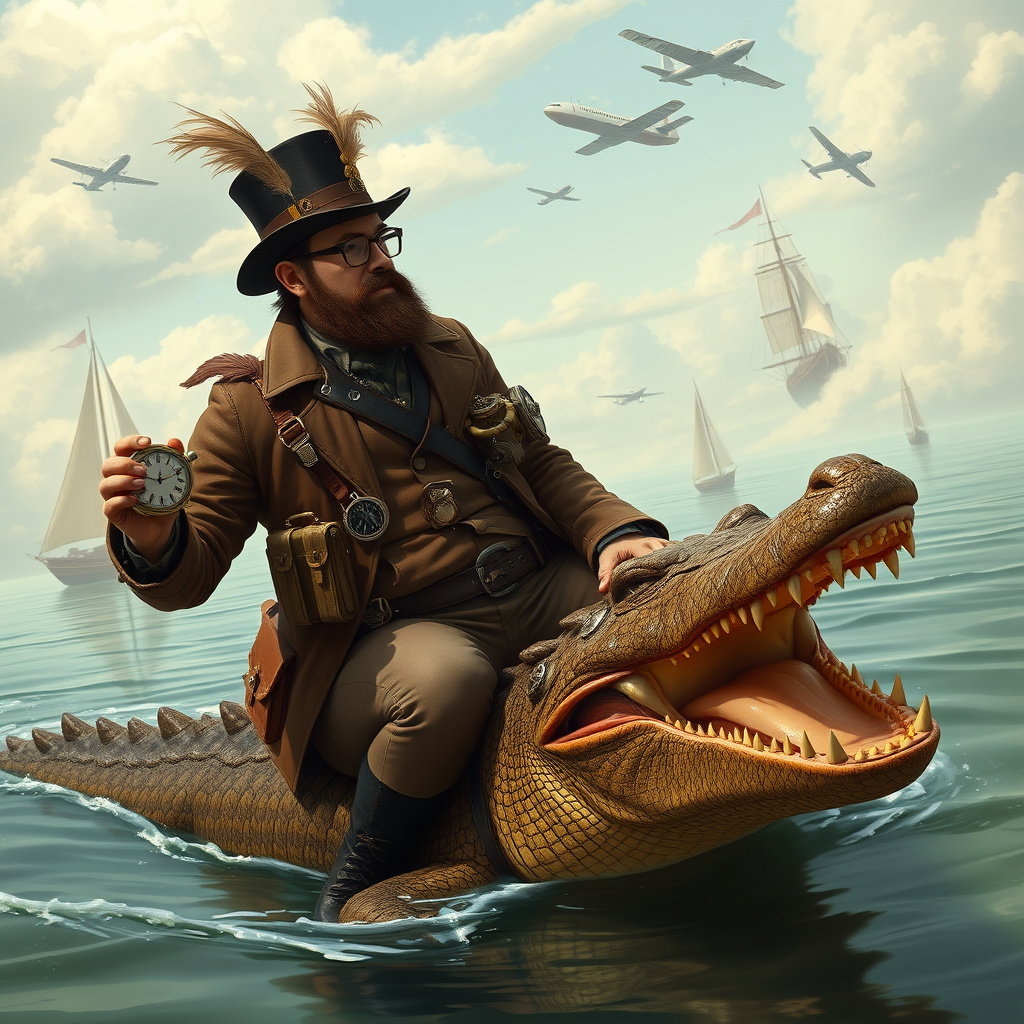 steampunk man rides crocodile fantasy world