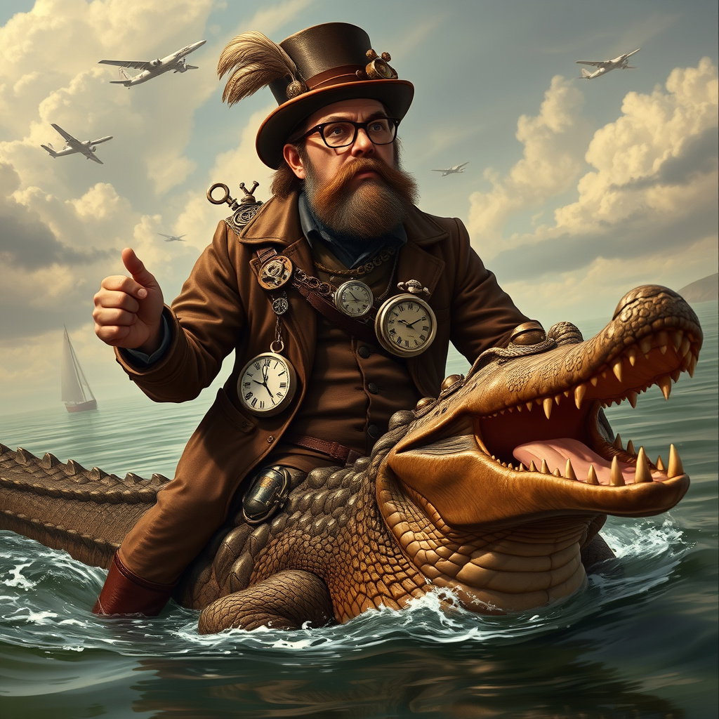 steampunk man rides crocodile fantasy world