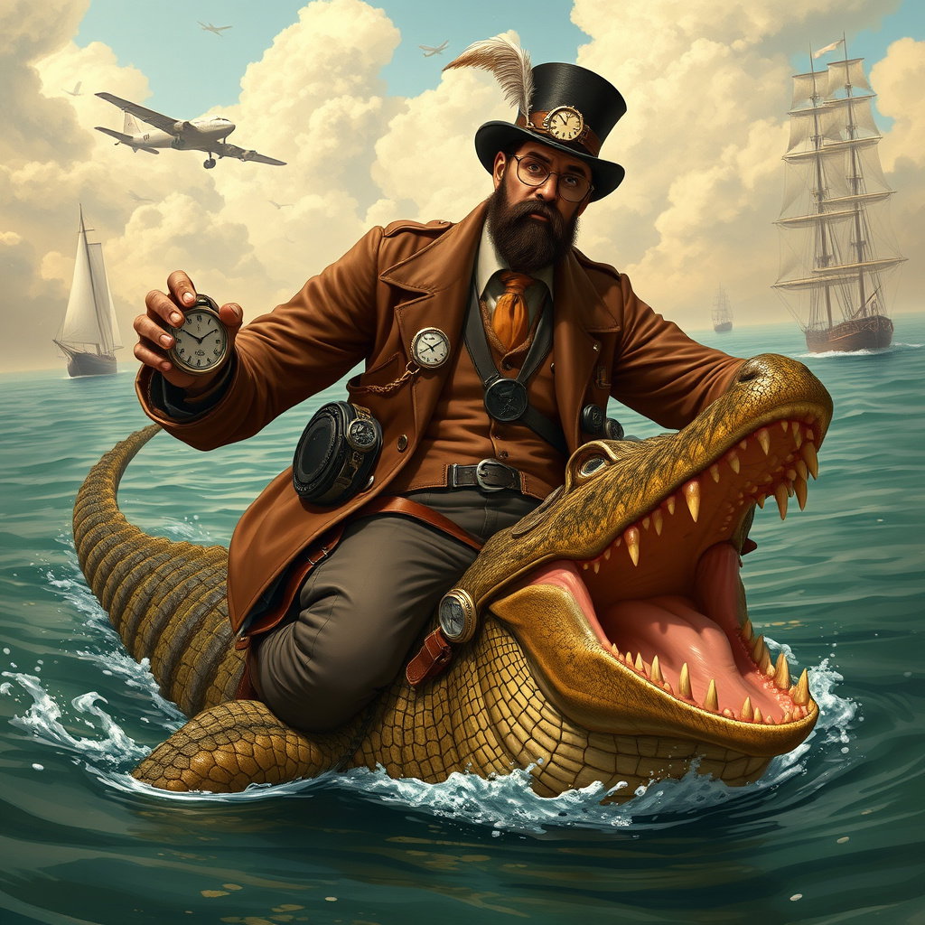steampunk man rides crocodile fantasy world