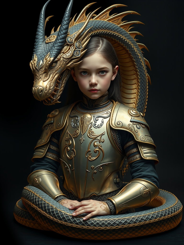 solemn girl golden armor spectral dragon