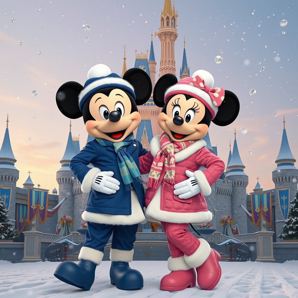 mickey minnie mouse embracing cinderella castle snow