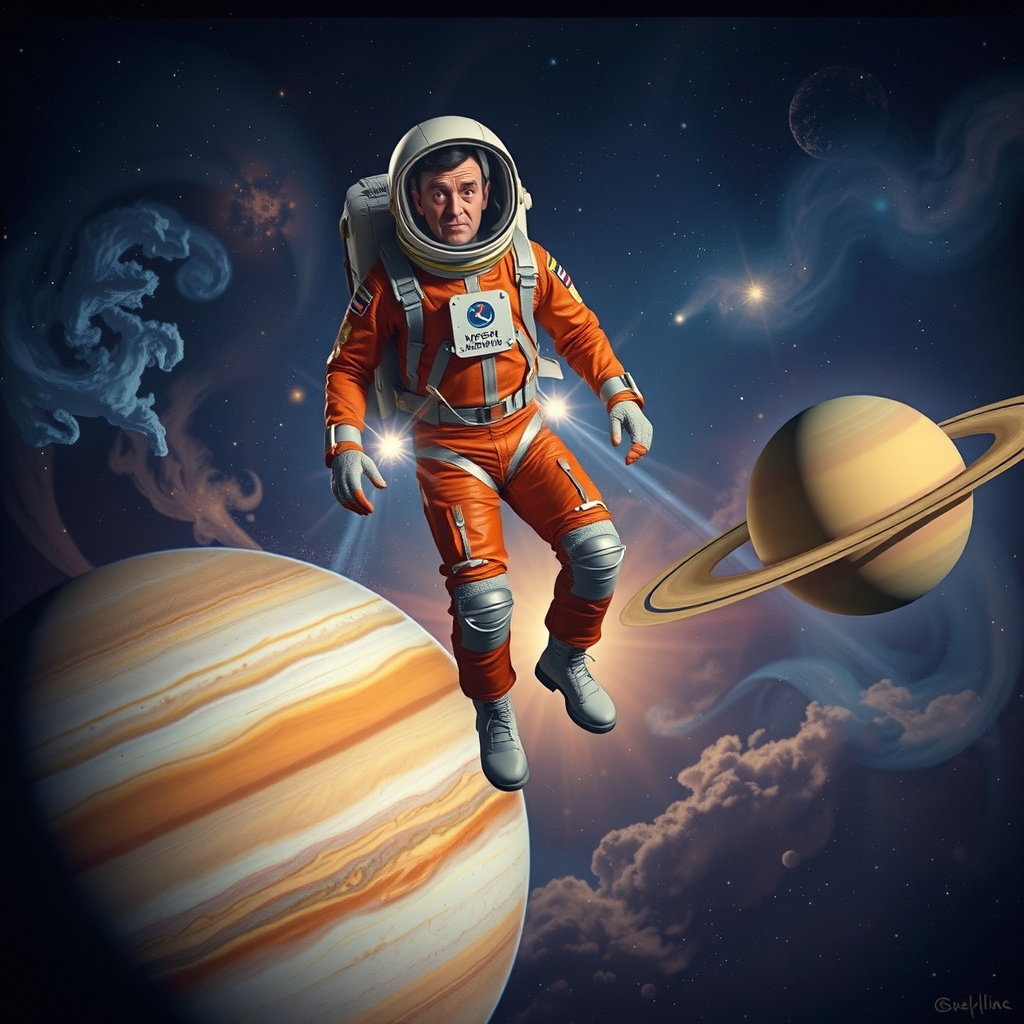 mr bean space suit jupiter saturn sunlight
