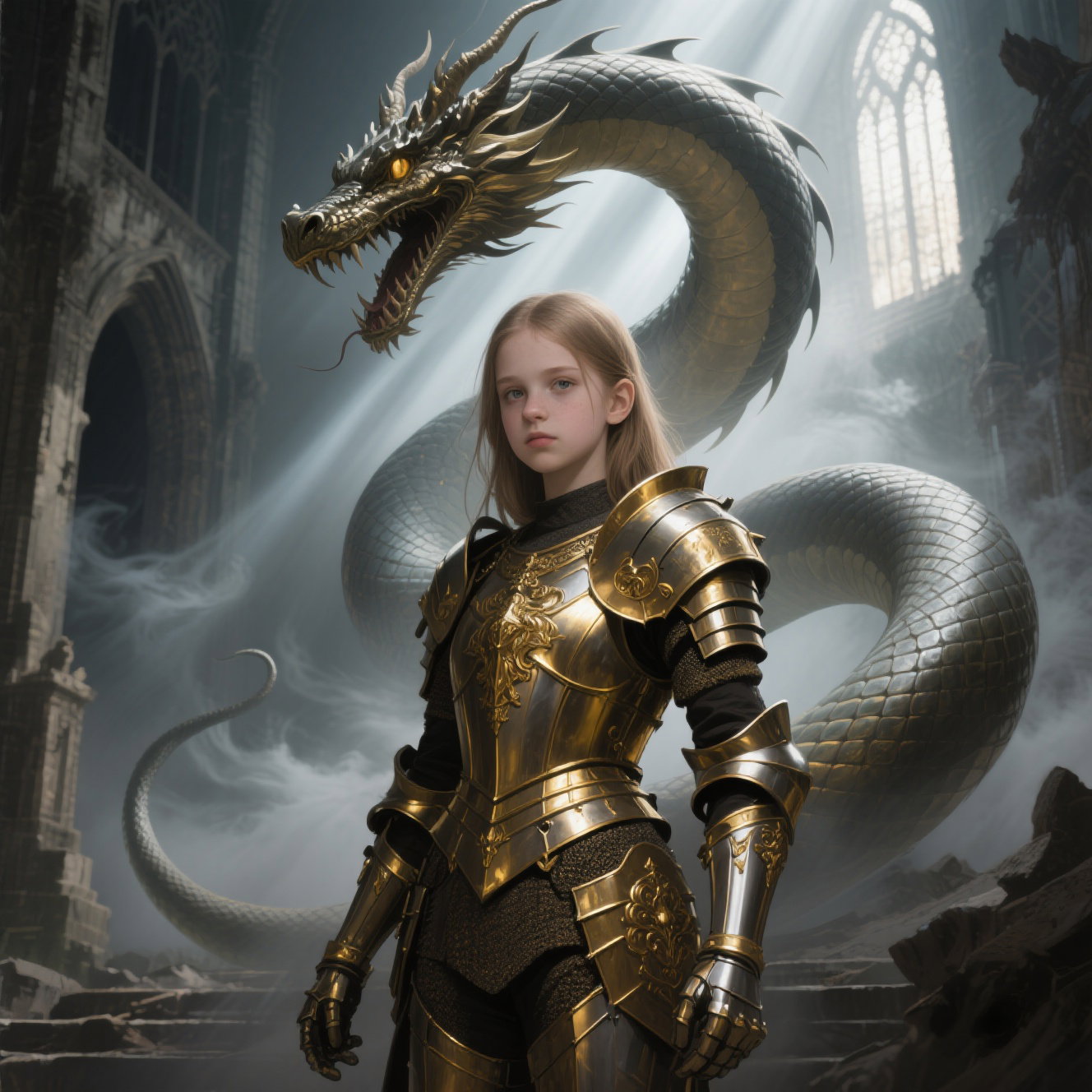 slender european girl golden armor dragon cathedral