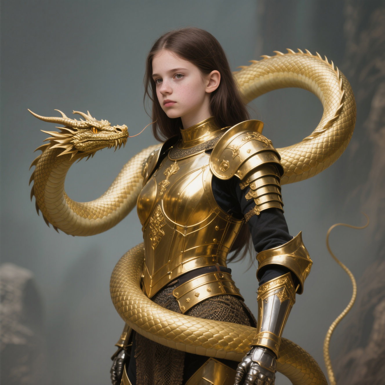 teenage girl gold armor dragon control