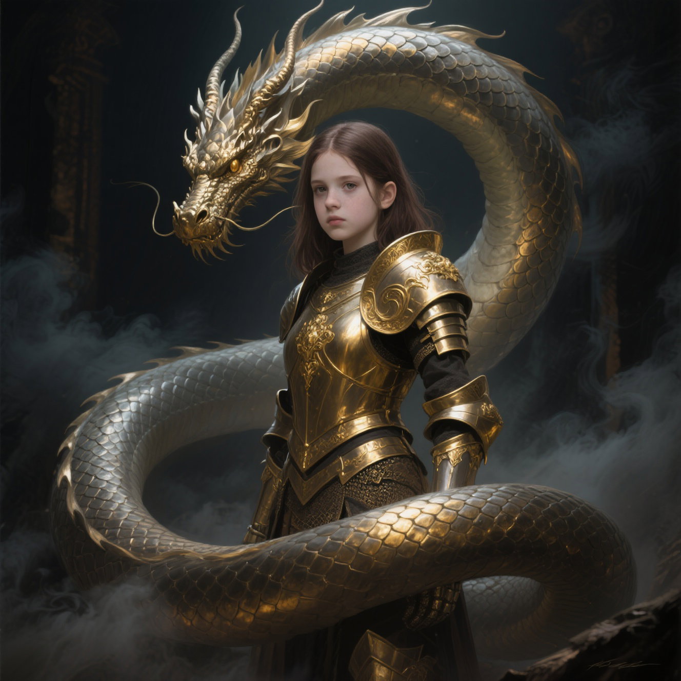 fantasy girl golden armor dragon cinematic detail