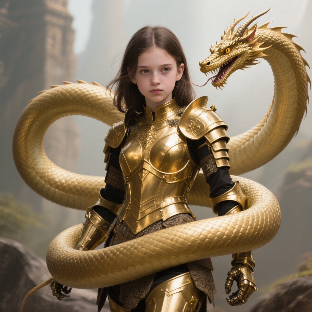 teenage girl gold armor dragon control