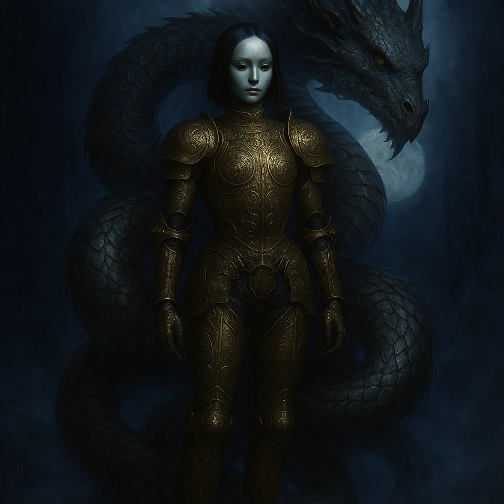dark fantasy golden armor girl serpentine dragon moonlight