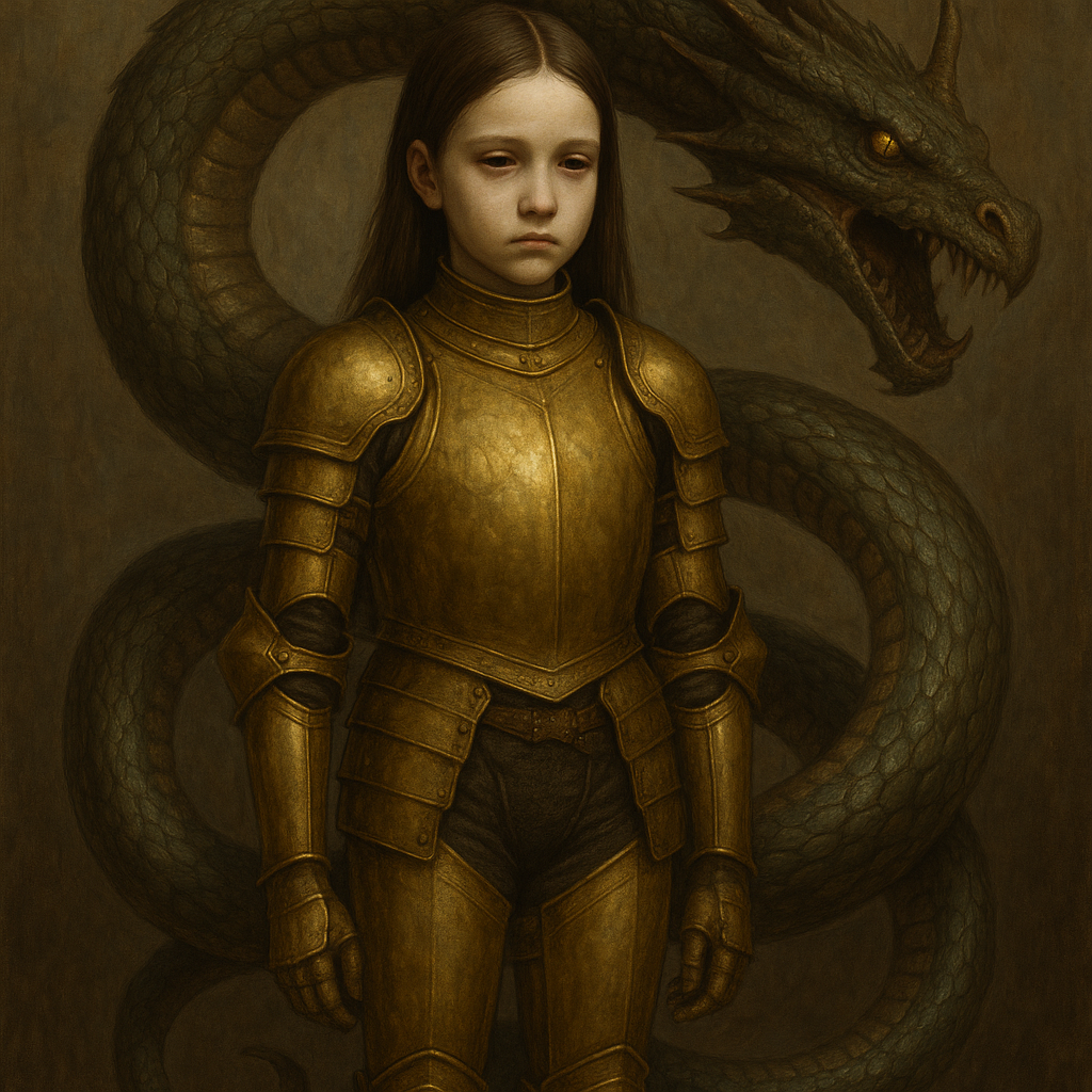 teenage girl gold armor controlled dragon