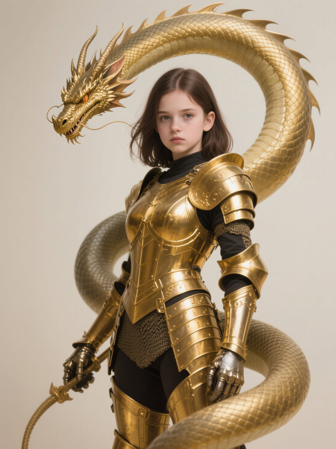 fourteen year old brunette european girl golden armor dragon control