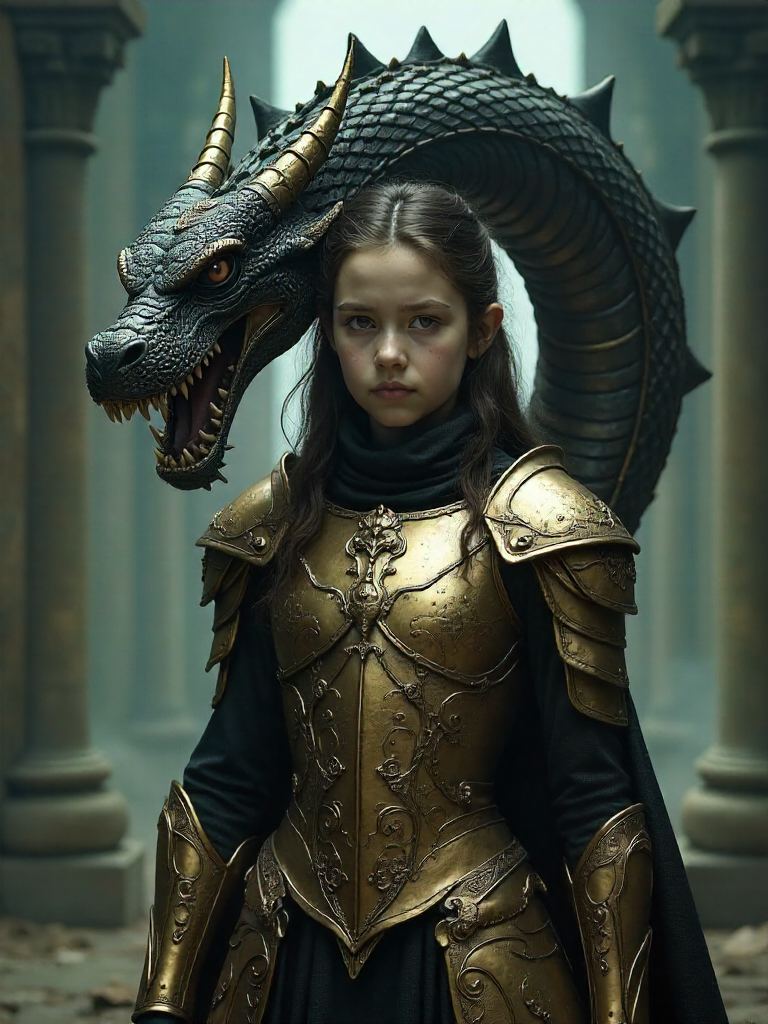 girl golden armor dragon ruins cinematic lighting
