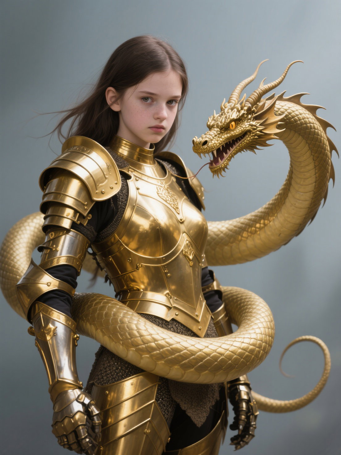 teenage girl gold armor controlled dragon