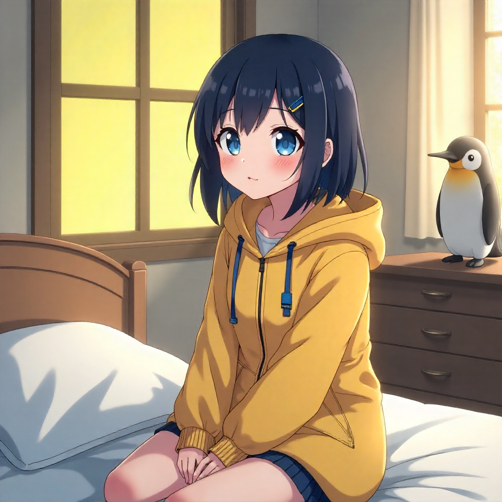 anime cute girl black hair blue eyes parka