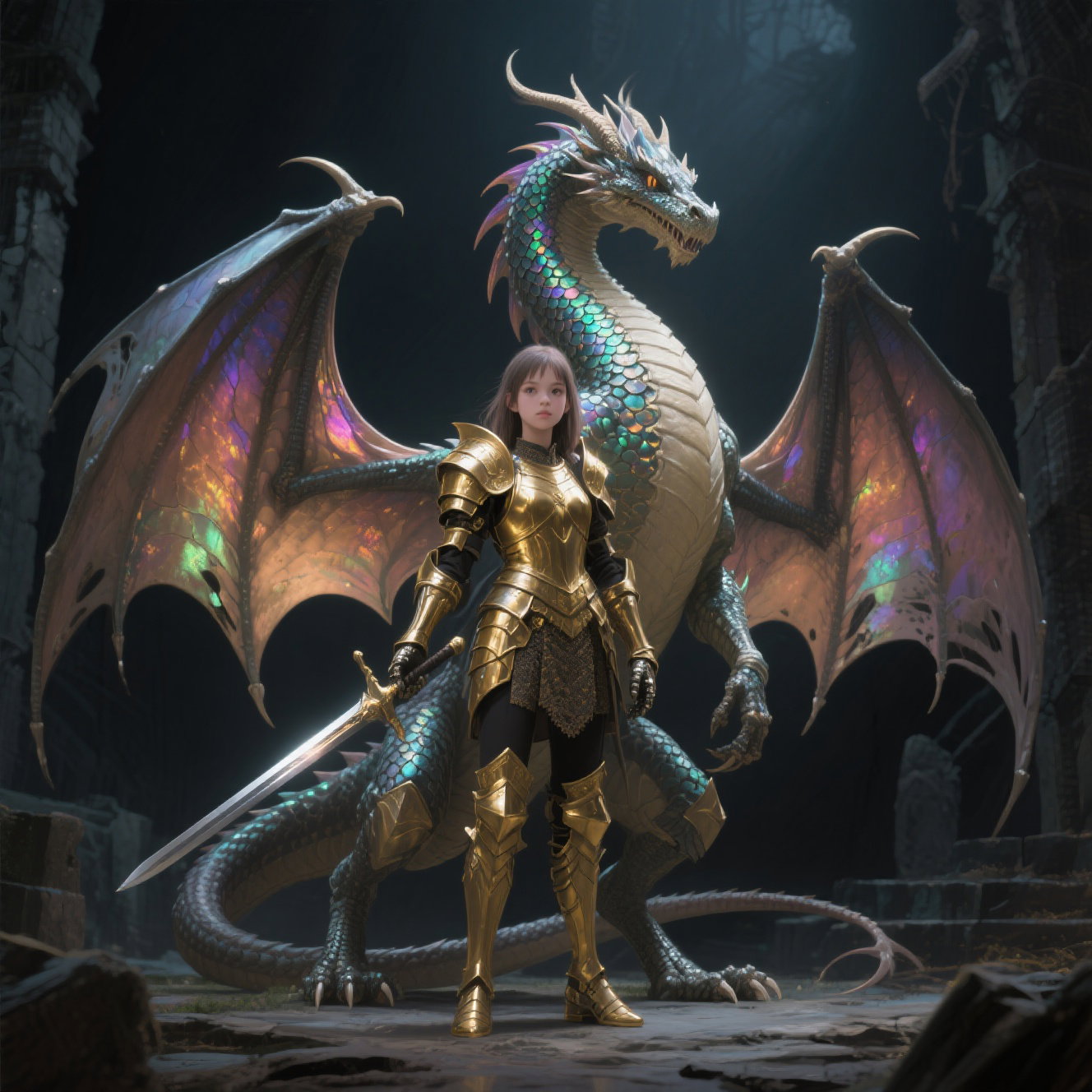 fantasy art dragon girl armor ruins