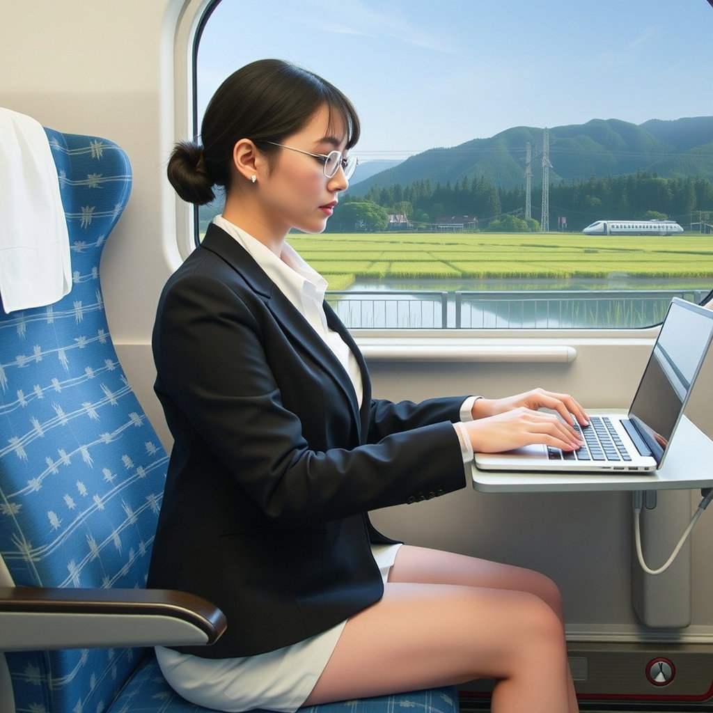 focused japanese career woman typing train