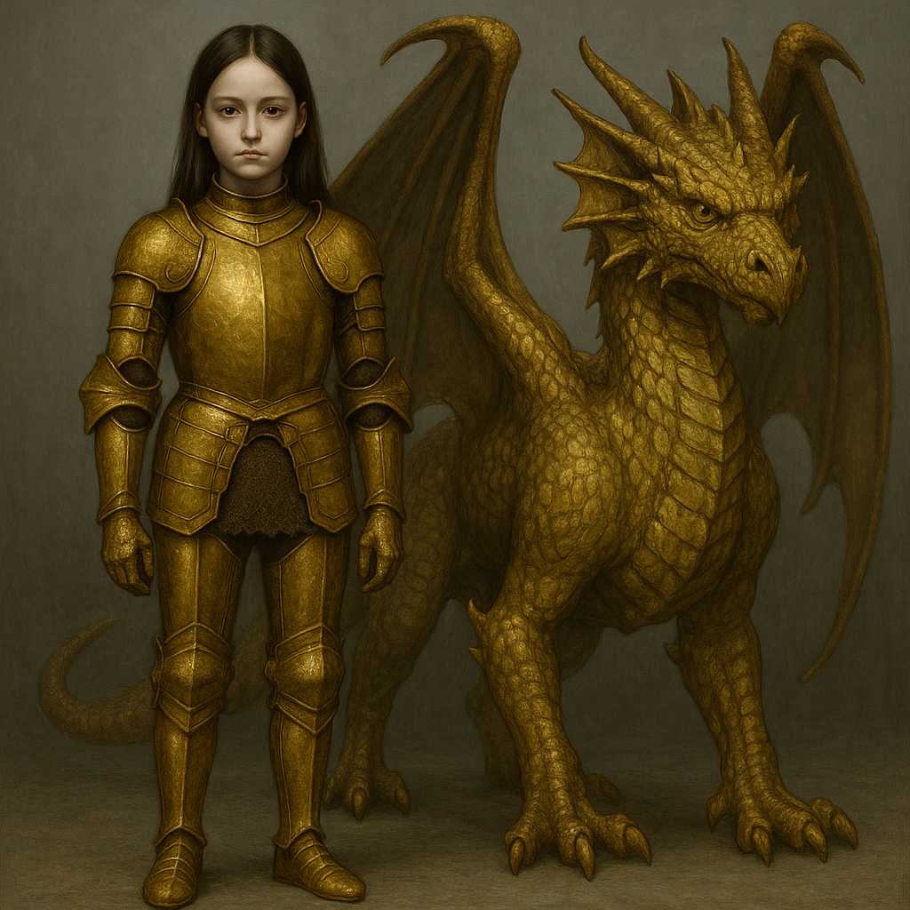brown european teen girl gold armor controlled dragon