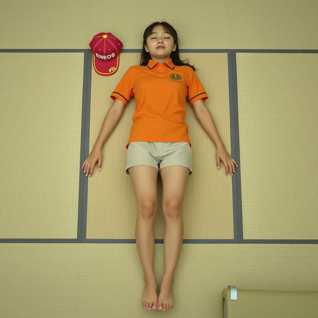 sleeping japanese eneos attendant orange shirt