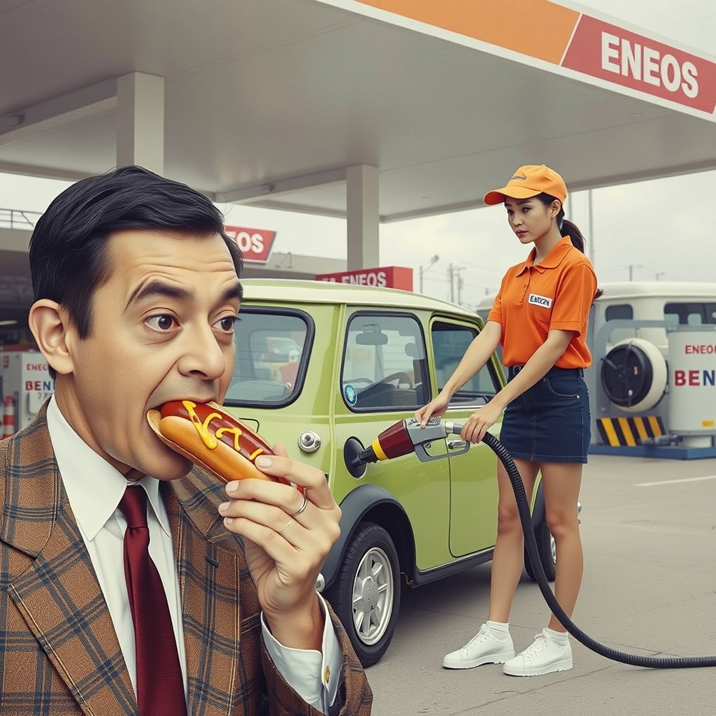 mr bean hotdog eneos gas station mini cooper