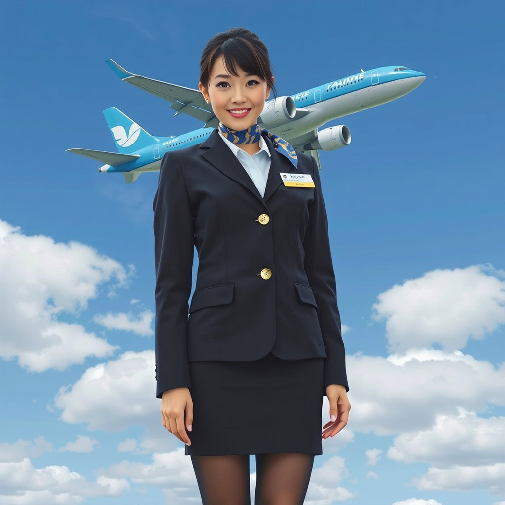 japanese flight attendant smile uniform sky background