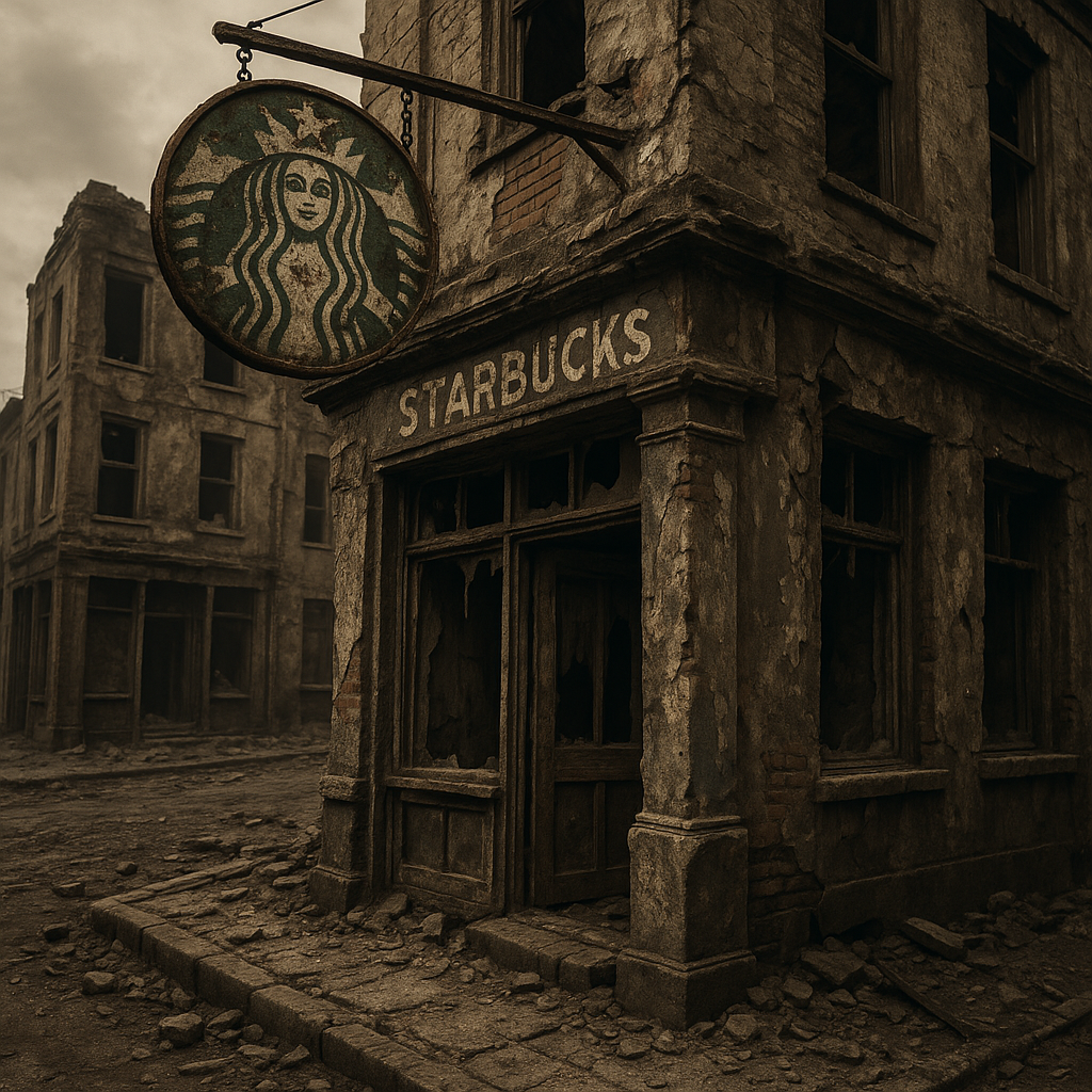 starbucks old ruined sign abandoned building