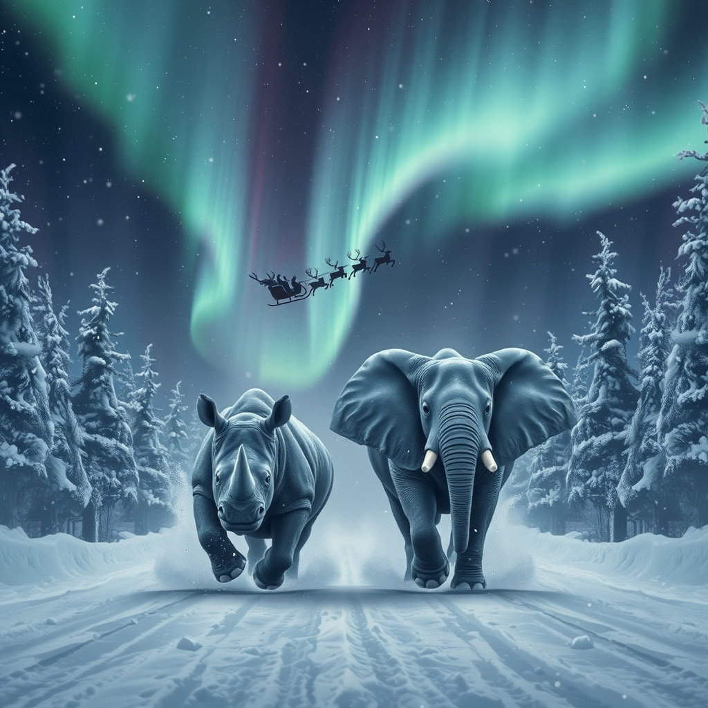 blue rhinoceros elephant racing snow blizzard aurora