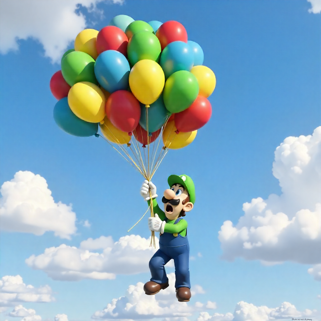 terrified luigi clutching balloons azure sky