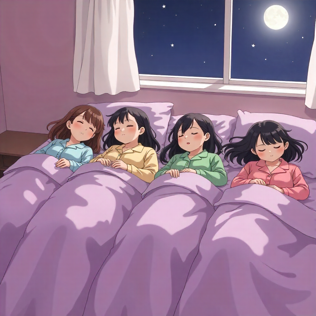 japanese girls sleeping in silk pajamas under moonlight