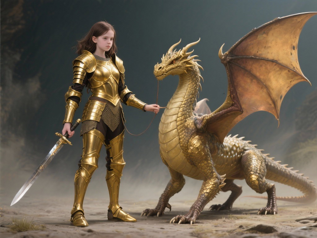 fourteen year old european girl golden armor controlled by dragon