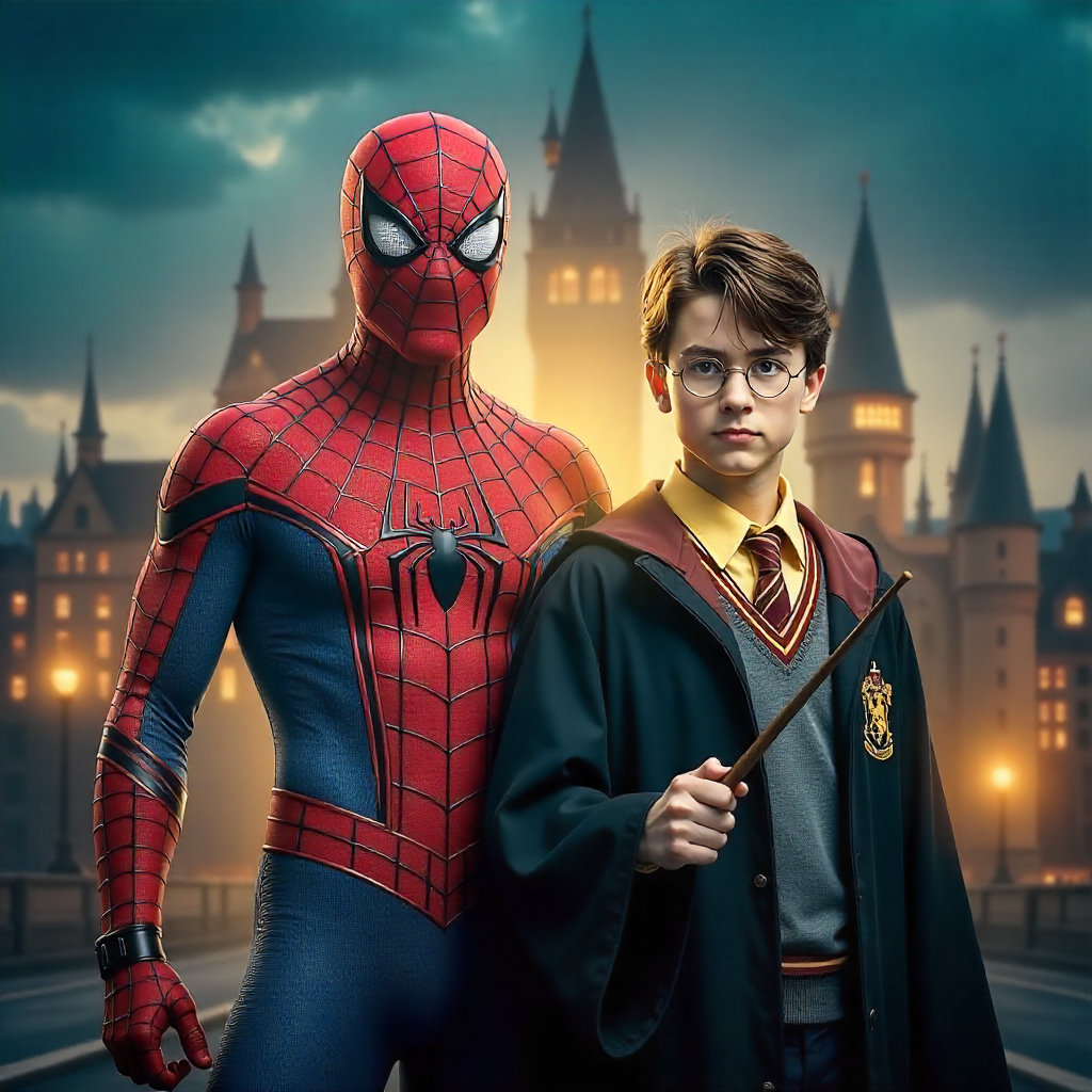 spider man harry potter gryffindor uniform magic wand dramatic