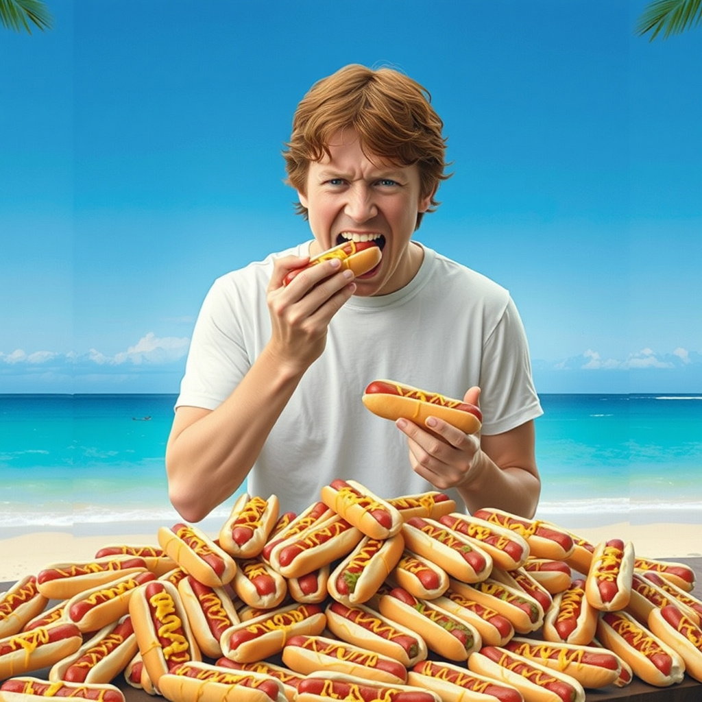 ron weasley devouring hot dogs on beach