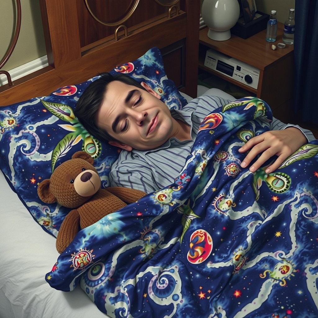 mr bean sleeping with teddy bear in space themed bedroom