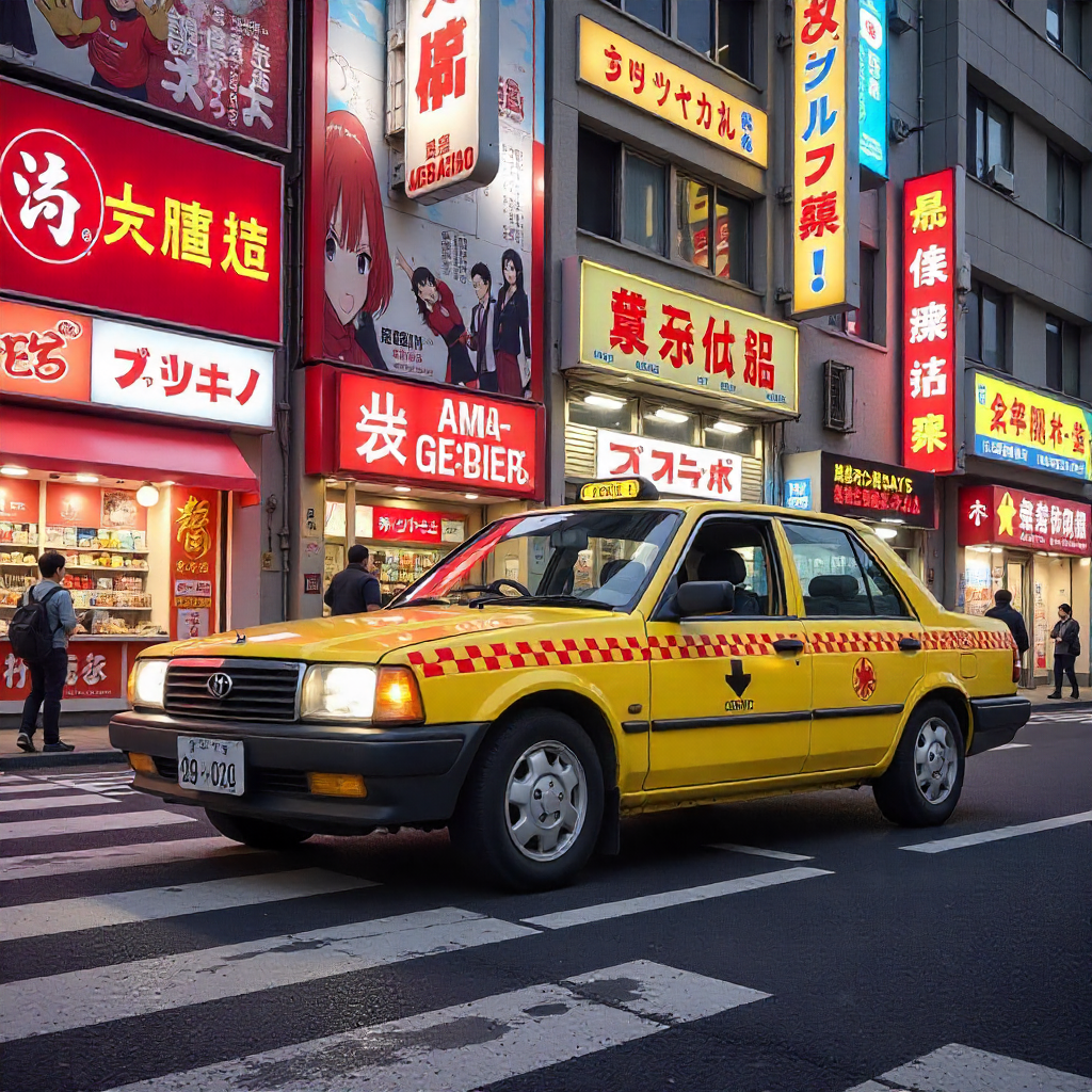 yellow cedric taxi akihabara dusk neon