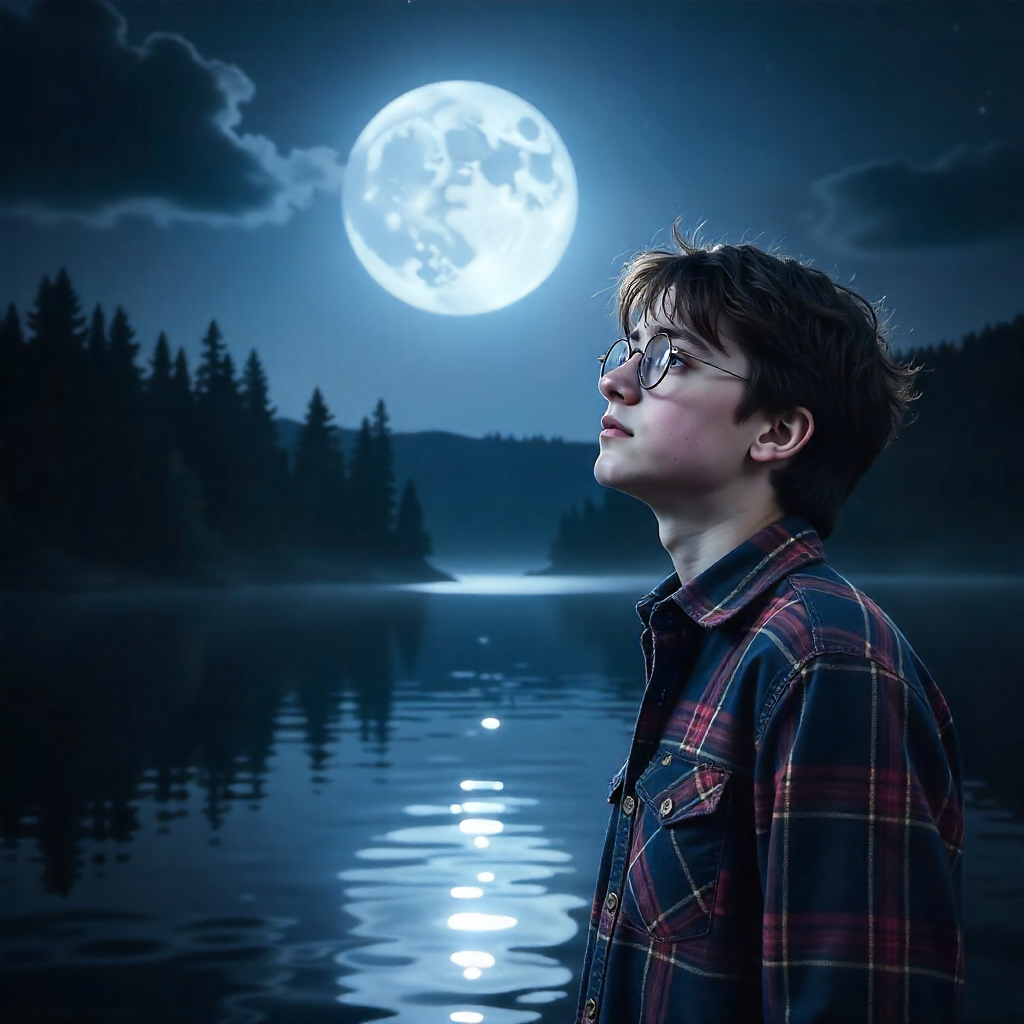 harry potter in plaid shirt gazing at harvest moon