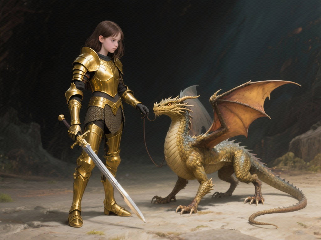 brown haired european girl gold armor dragon