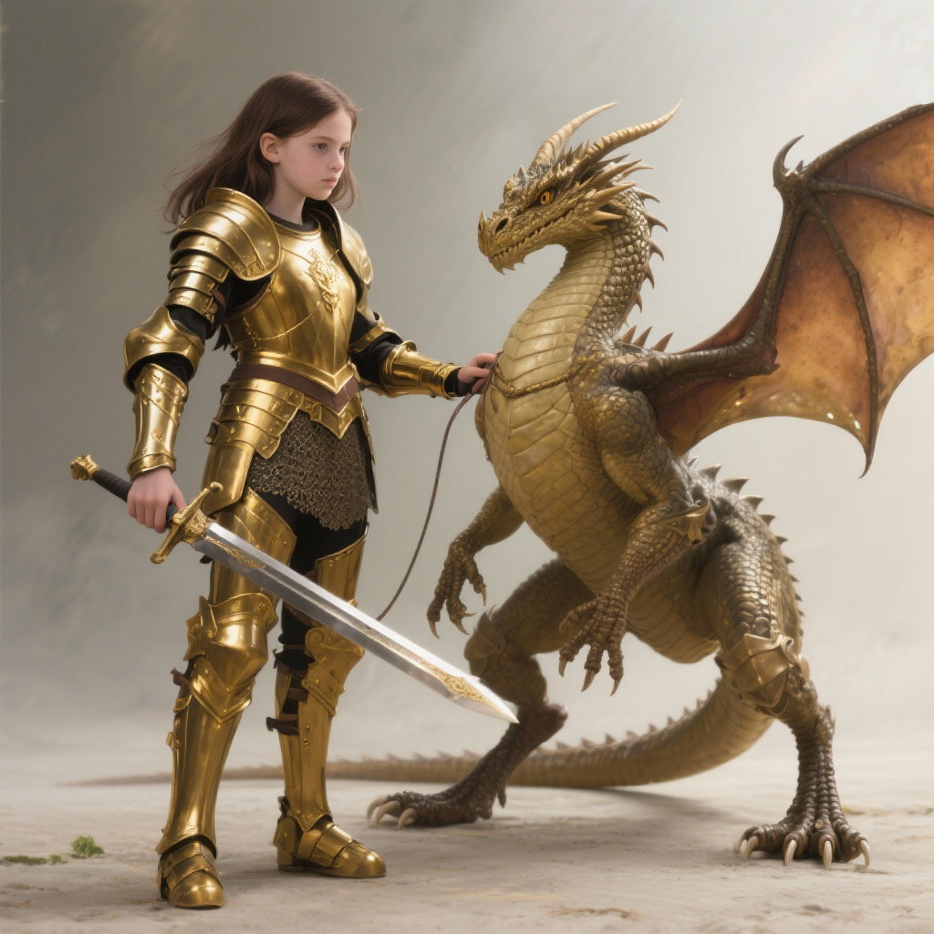 brown haired european girl gold armor dragon