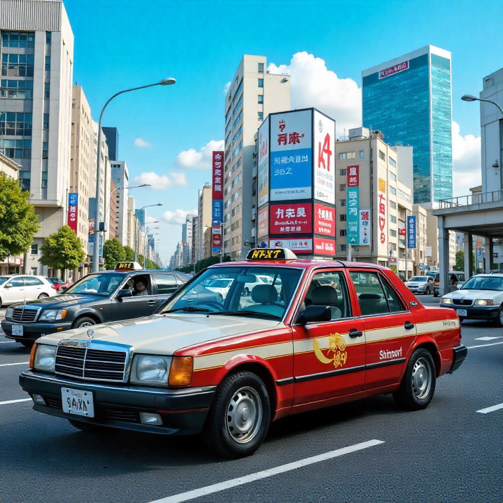 photorealistic cedric taxi shinjuku street scene