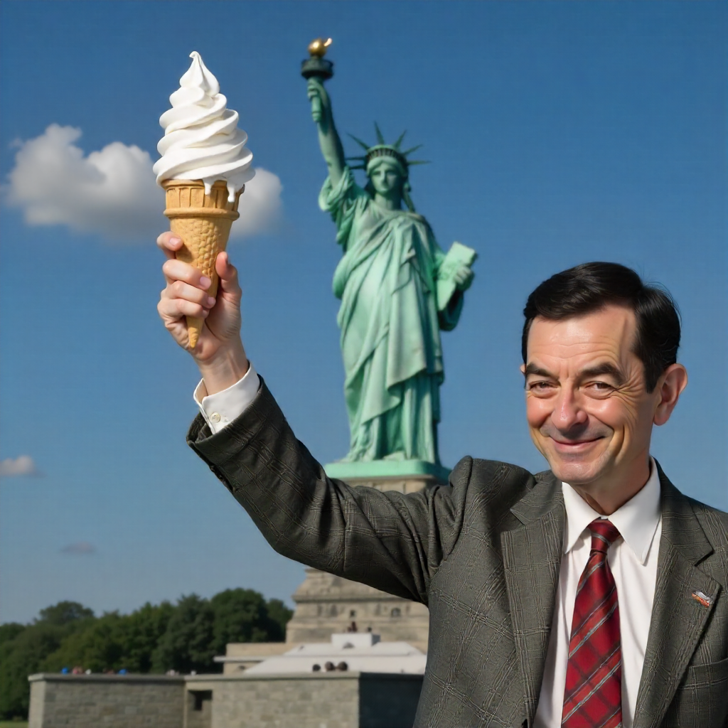 mr bean as statue of liberty with ice cream