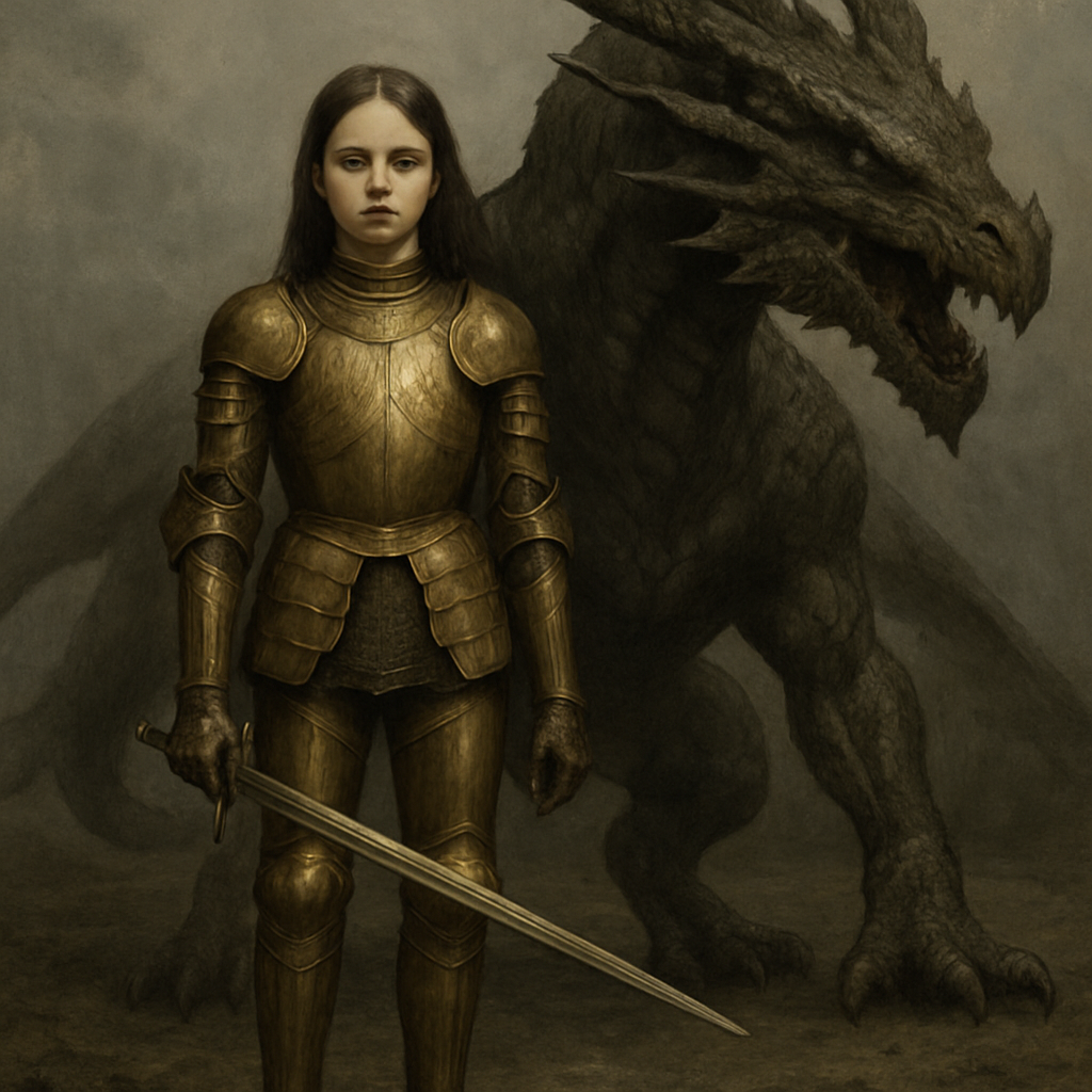 fourteen year old girl with gold armor and dragon