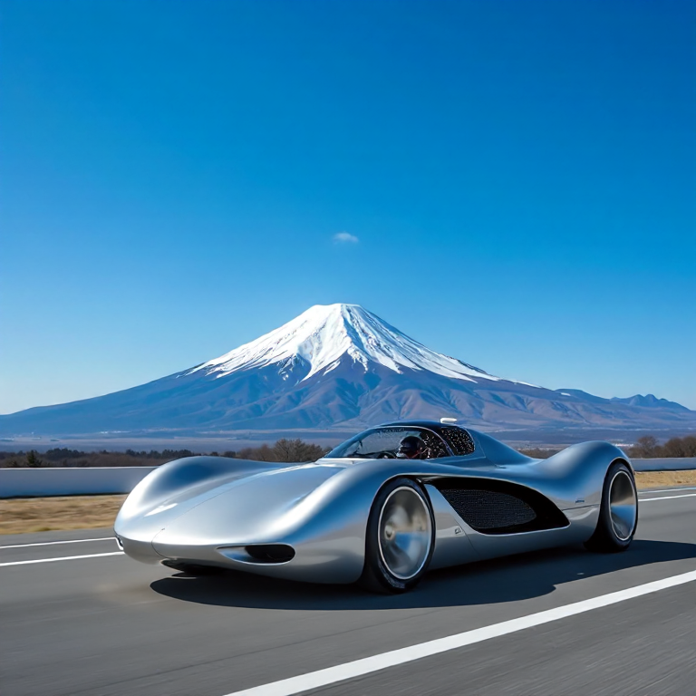 silver solar race car mount fuji background