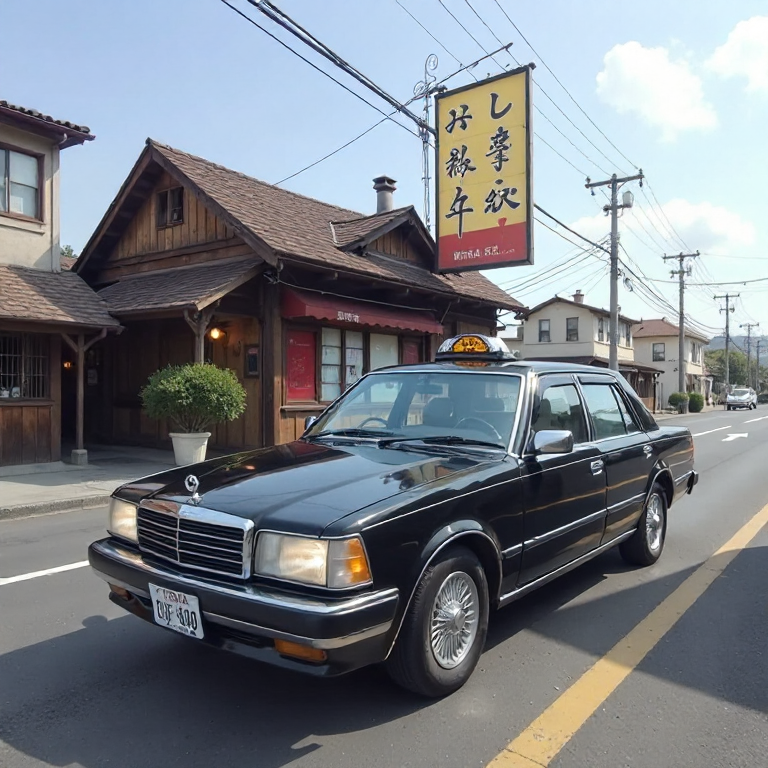 toyota crown taxi driving past japanese eelfishery