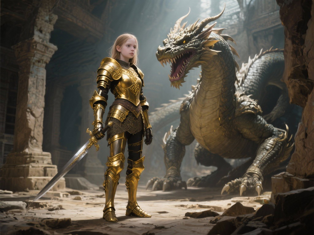 golden armor girl dragon temple art
