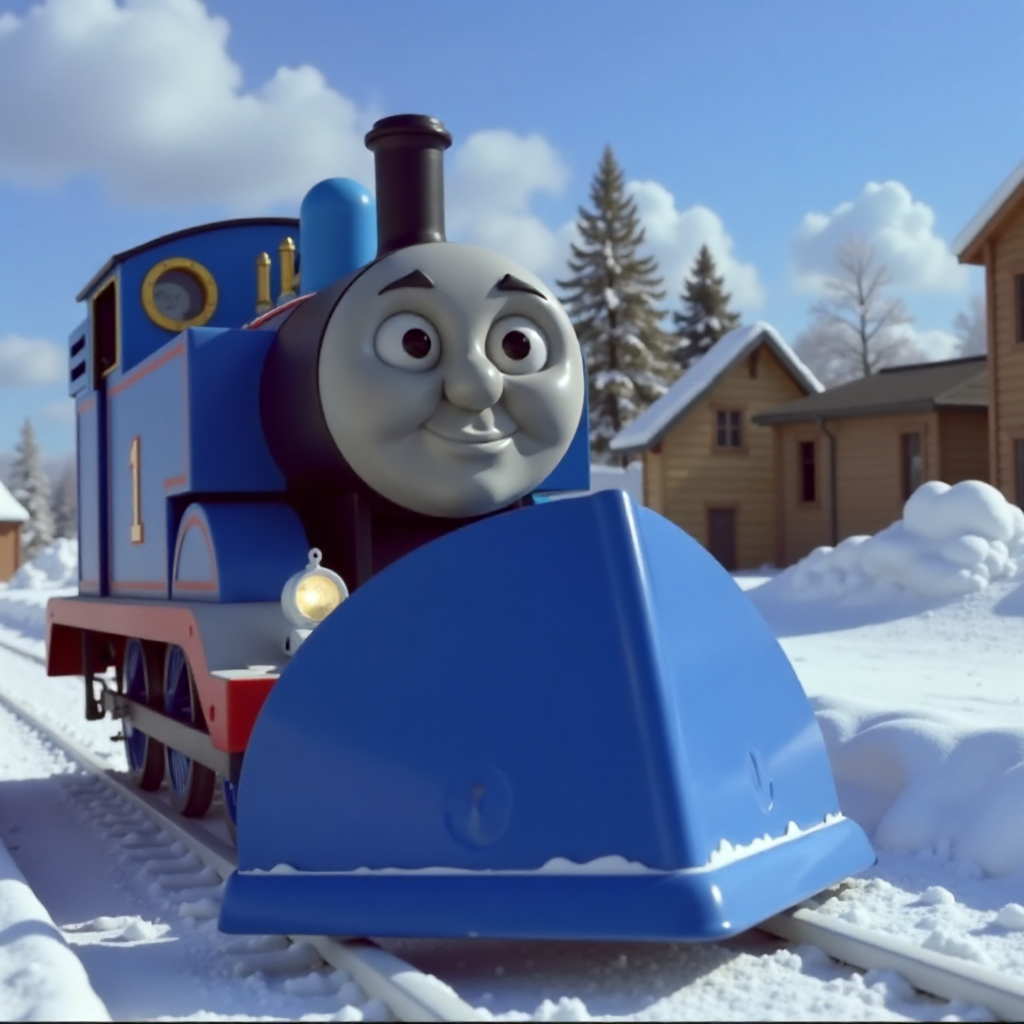 thomas tank engine blue snowplow snow landscape