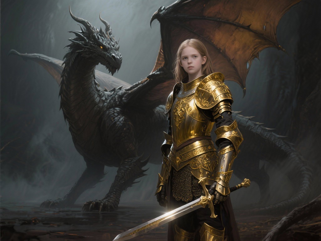 digital painting epic fantasy stoic girl golden armor dragon