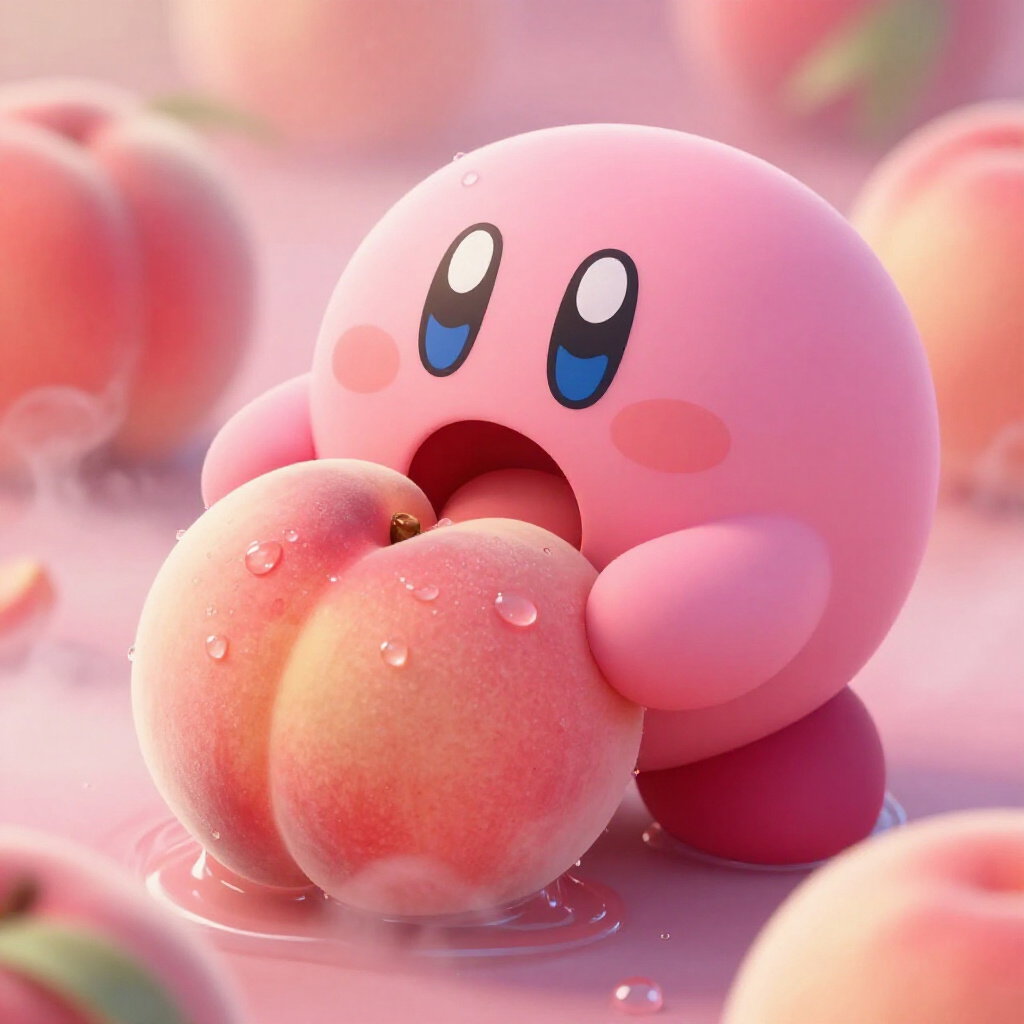 pink kirby eating peach macro shot