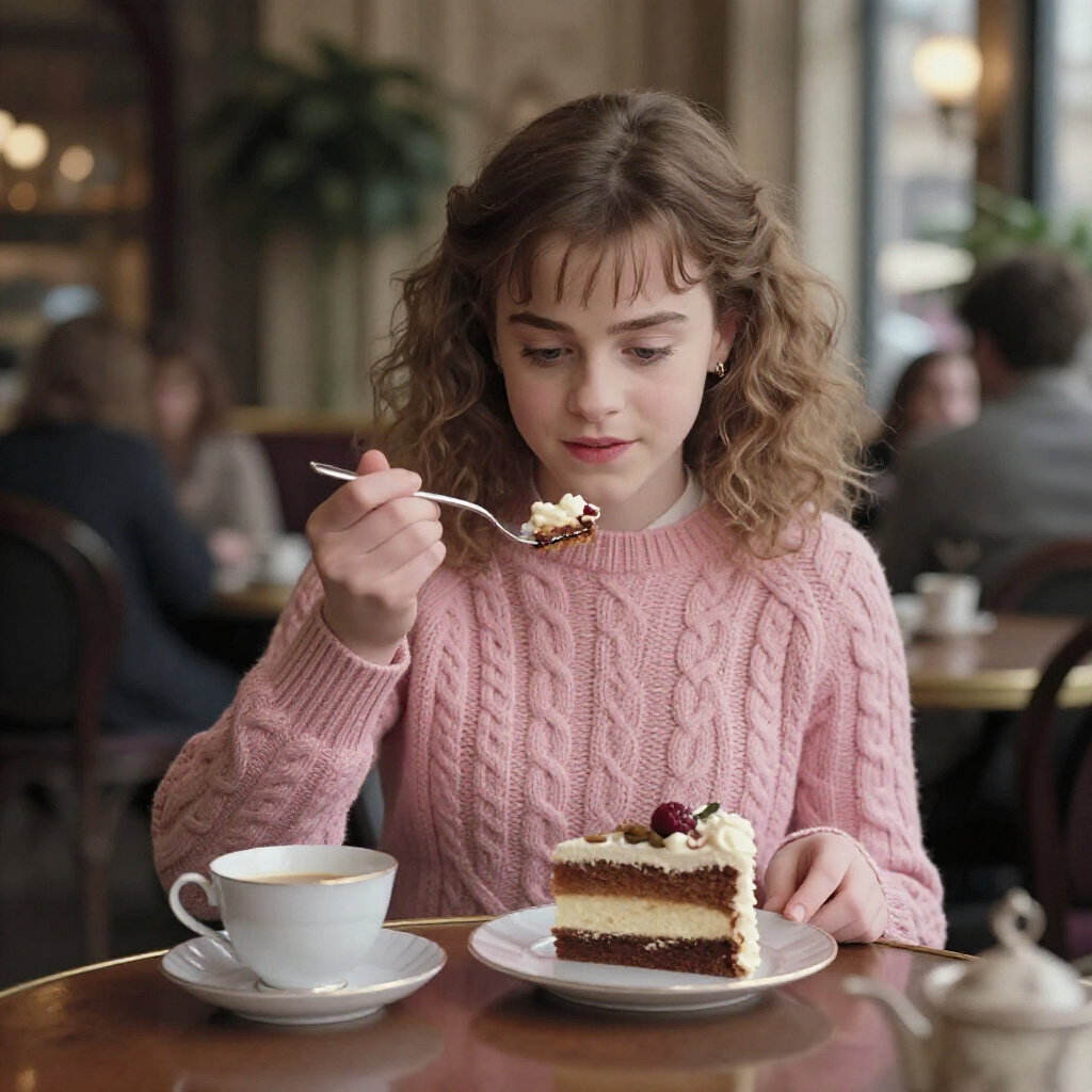 hermione granger in pink sweater eating cake