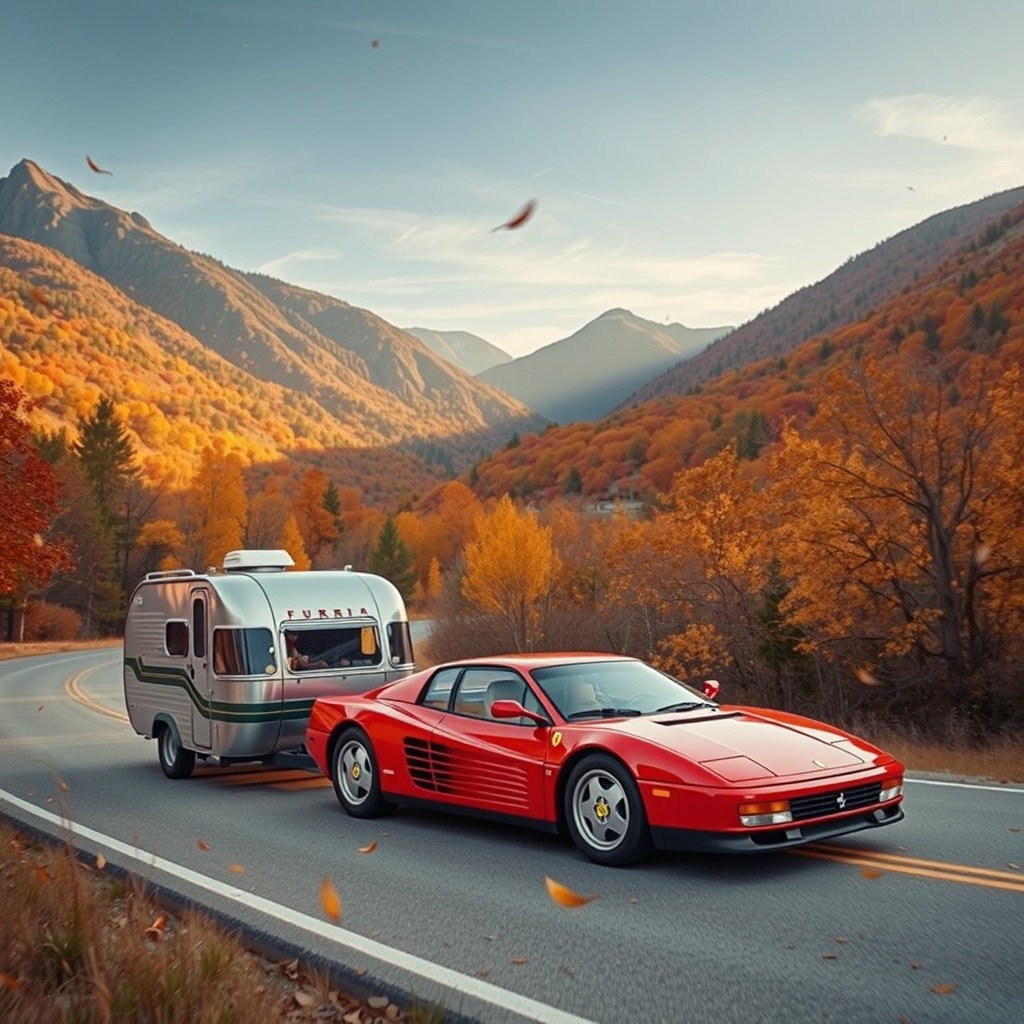 scarlet ferrari testarossa towing vintage camper mountain road