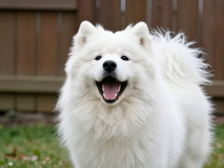samoyed barking in garden with fence
