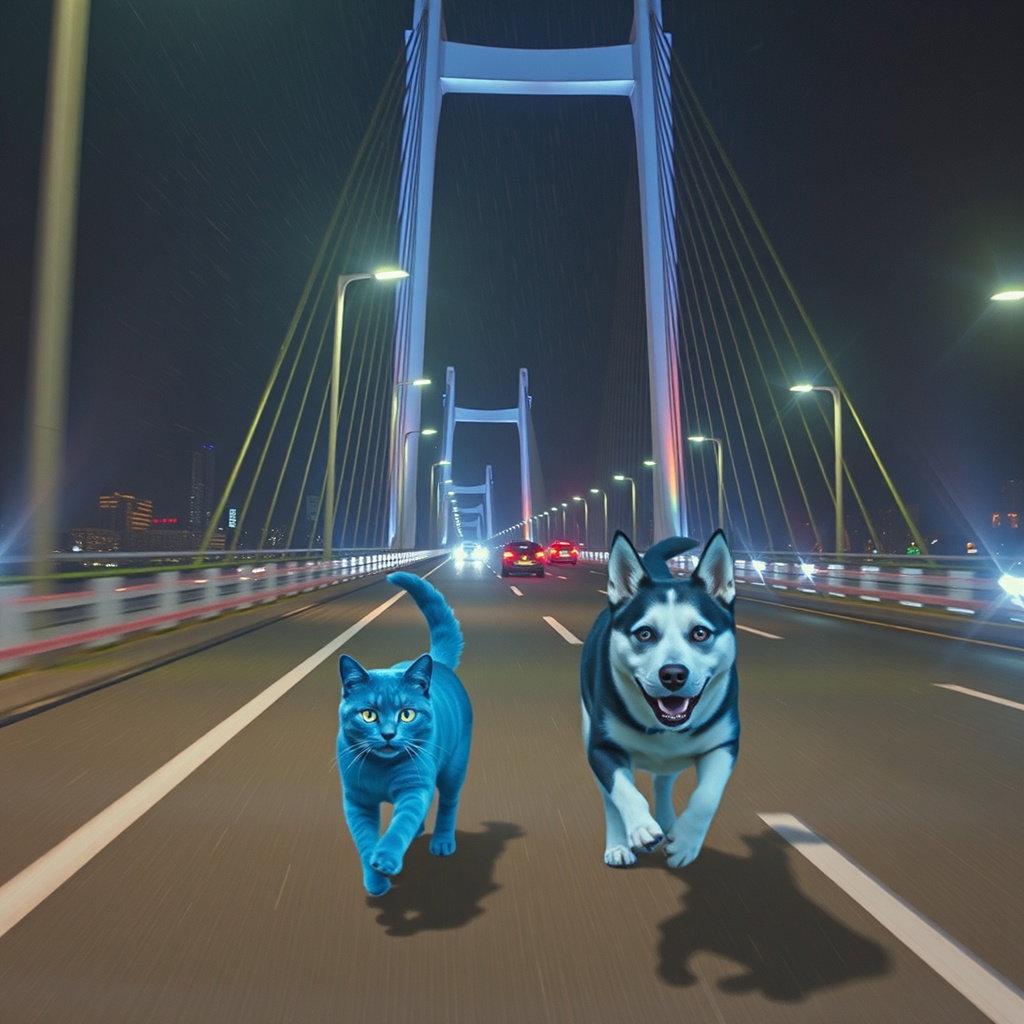 gigantic cat dog race neon yokohama night