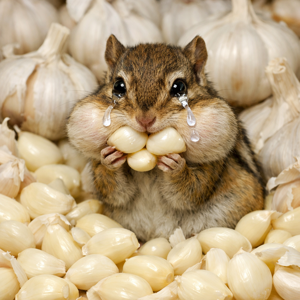 chipmunk crying while stuffing cheeks with garlic