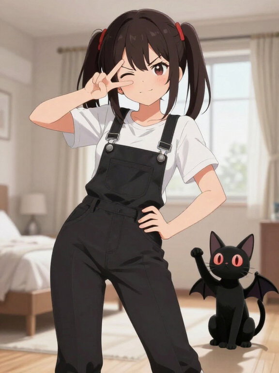 anime girl smirking with cat in room